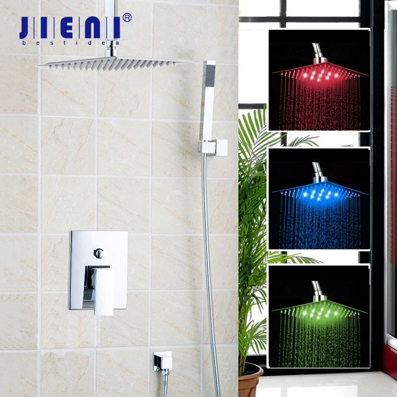 JIENI 8 10 12 16 Inch LED Ceiling Mount Bathroom Rain Shower Set Chrome Square Light Head Handlde | Обустройство дома