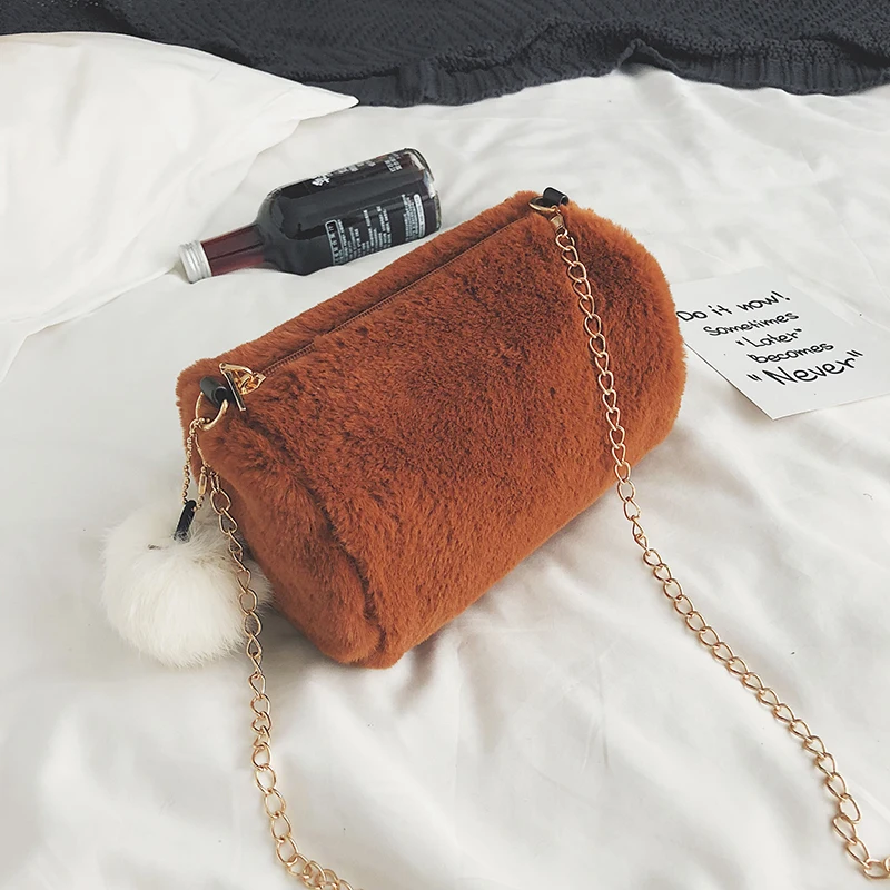 Hot Barrel Shaped Bag Velour Female Chain Handbag Fur Ball Women Purse Crossbody Messenger Shoulder Bags Sac A Main mujer bolsaIMG_5224