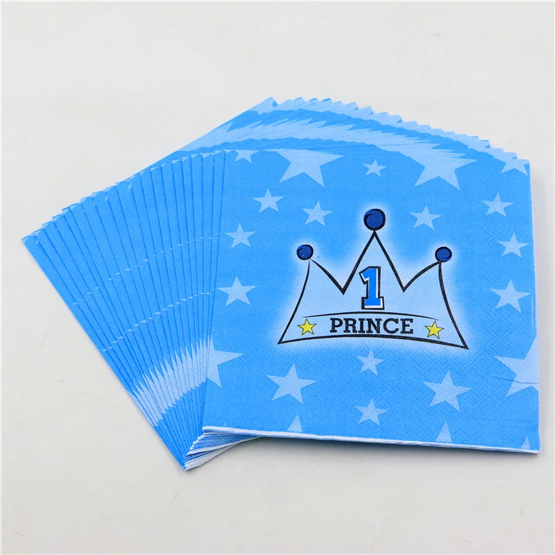 

20pc\lot 1st Birthday Party tissues Kids Favors towel Decoration Blue Prince Crown Paper Disposable baby shower Napkins Supplies