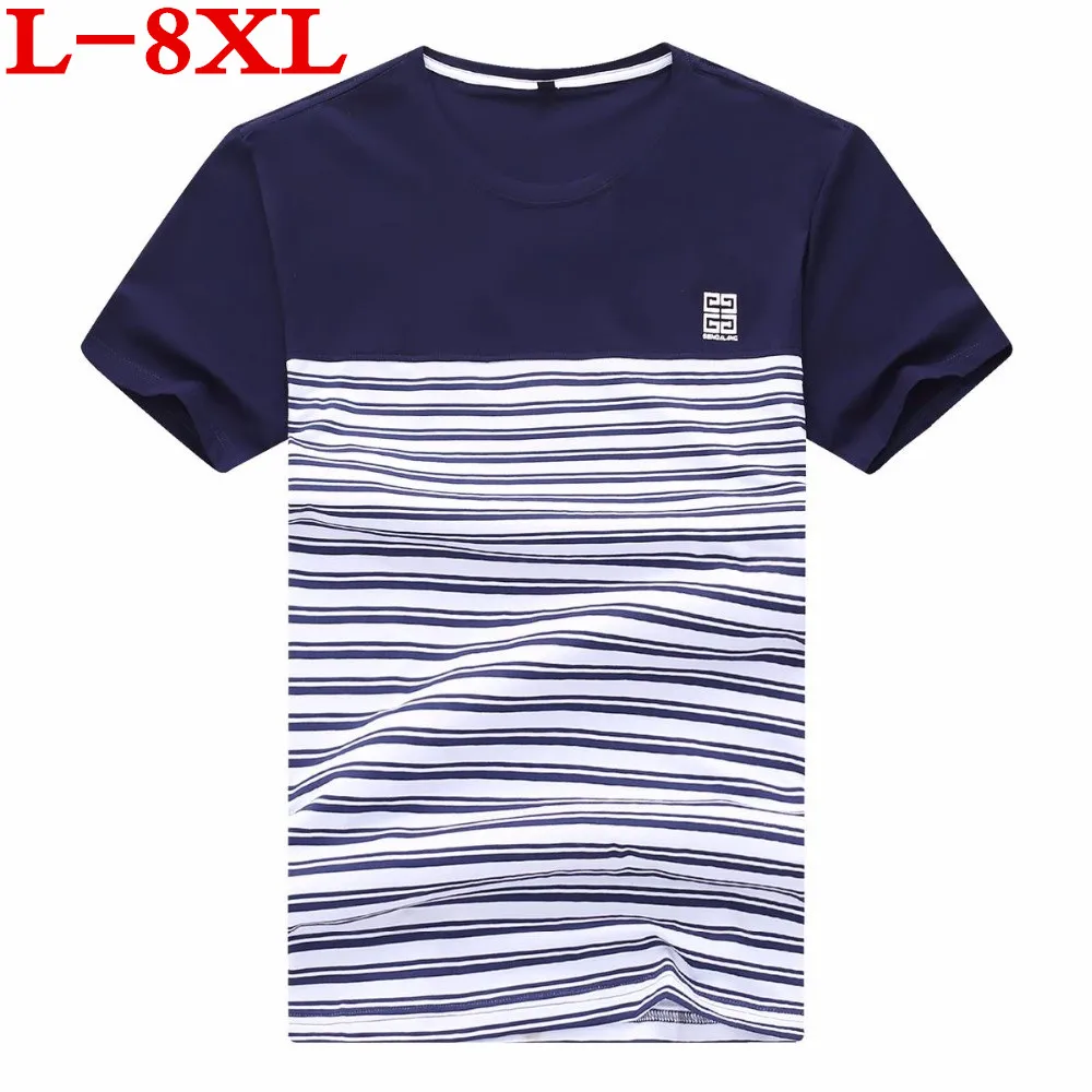 Plus size 2018 new 8XL 7X 6XL 5XL 4XL 3XL New Men T shirt Fashion O-neck Short-sleeved Slim Fit Blue Striped T-SHIRT Man Top Tee | Мужская
