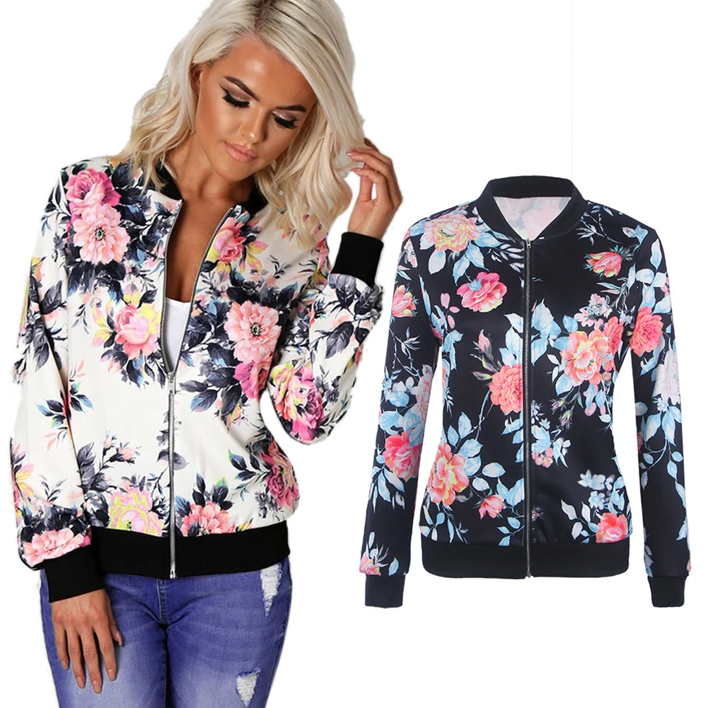 Finest Women Retro Flower Floral Print Jacket Zipper Bomber Collar Slim Coat Casual Outwear Female Autumn