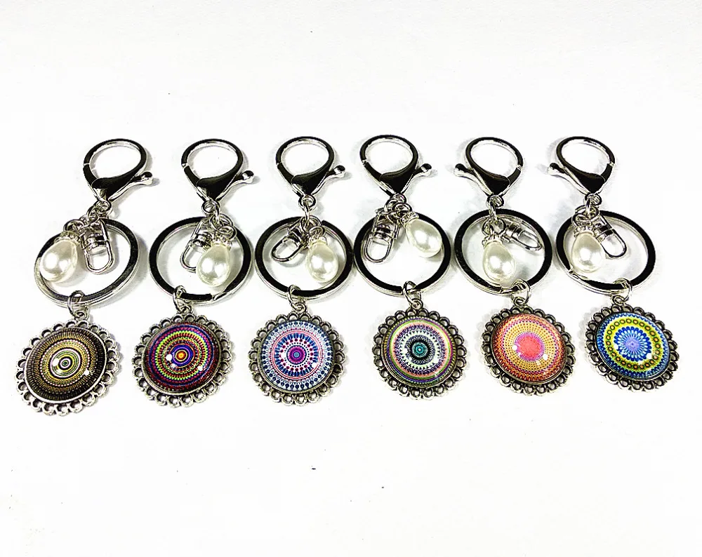 

12pcs/lot New styles Bandanna Key Chains Mandala Flower Buddhism Zen Picture Glass Pendant Key buckle, key ring