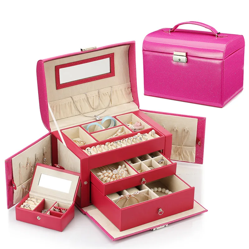 Новая модная кожаная женская коробка для ювелирных изделий, Подарочная коробка, упаковка для ювелирных изделий, большой изысканный чехол для макияжа, роскошный органайзер для хранения