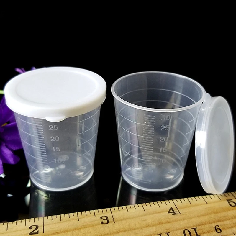 

10 * Transparent Plastic Measure Cups With White Lids 30ml Clear Container Measuring Small Amount Of Liquid Measure Cups