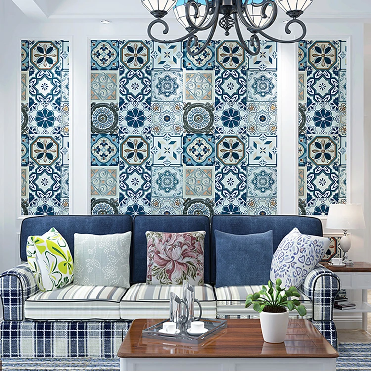 Голубая романтическая богемная национальная искусственная плитка настенная бумага плитка с марокканским узором стильная мозаика виниловая бумага для покрытия стен