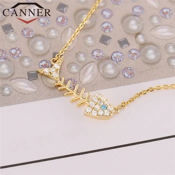 

CANNER Creative Exquisite 925 Sterling Silver Gold Chain Fish Bone Necklace Zircon Pendants Statement Necklaces for Women FO
