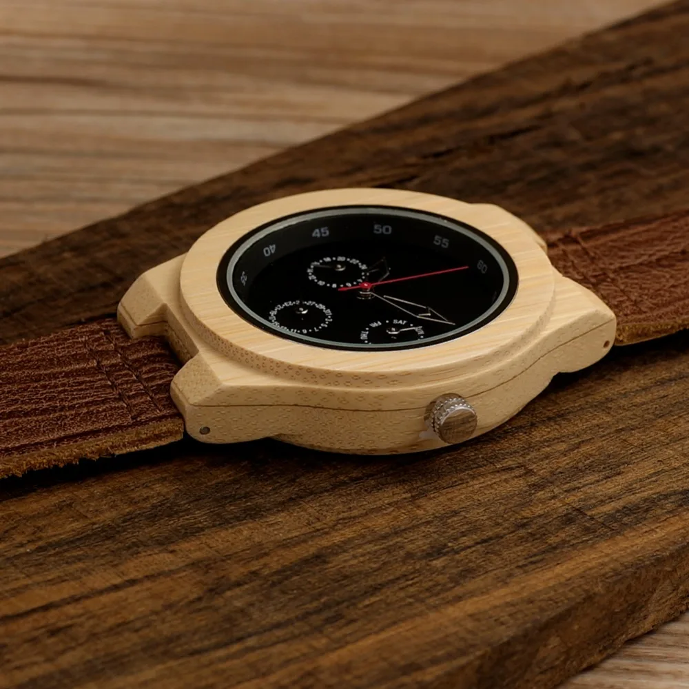 BOBO BIRD H28 Mens Wooden Bamboo Watch with Leather Band 3ATM Water Resistant Wristwatch Timepiece for Mens Womens in Box