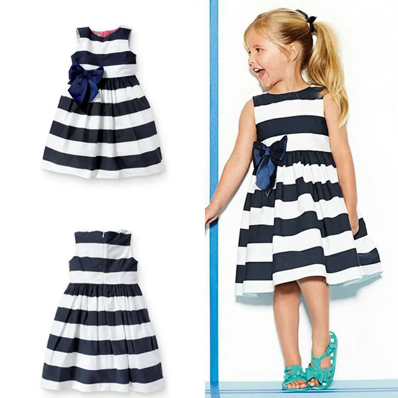 Baby Kid Girls One Piece Dress Blue White Striped Bow Summer Tutu Dress New