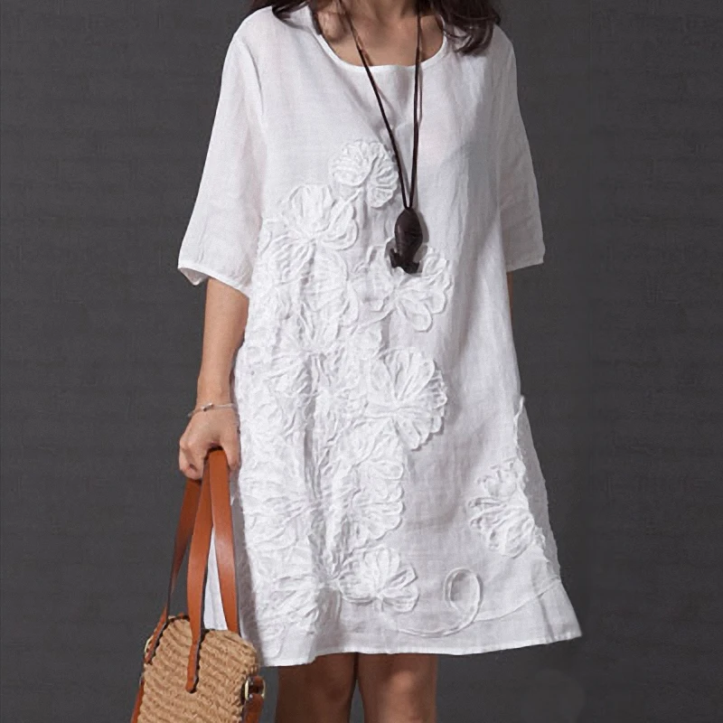 

Summer Women Patchwork Cotton Linen Dresses Short Sleeve Loose Knee-Length Vintage Female Dress Fashion Arts Style Vestidos 2018
