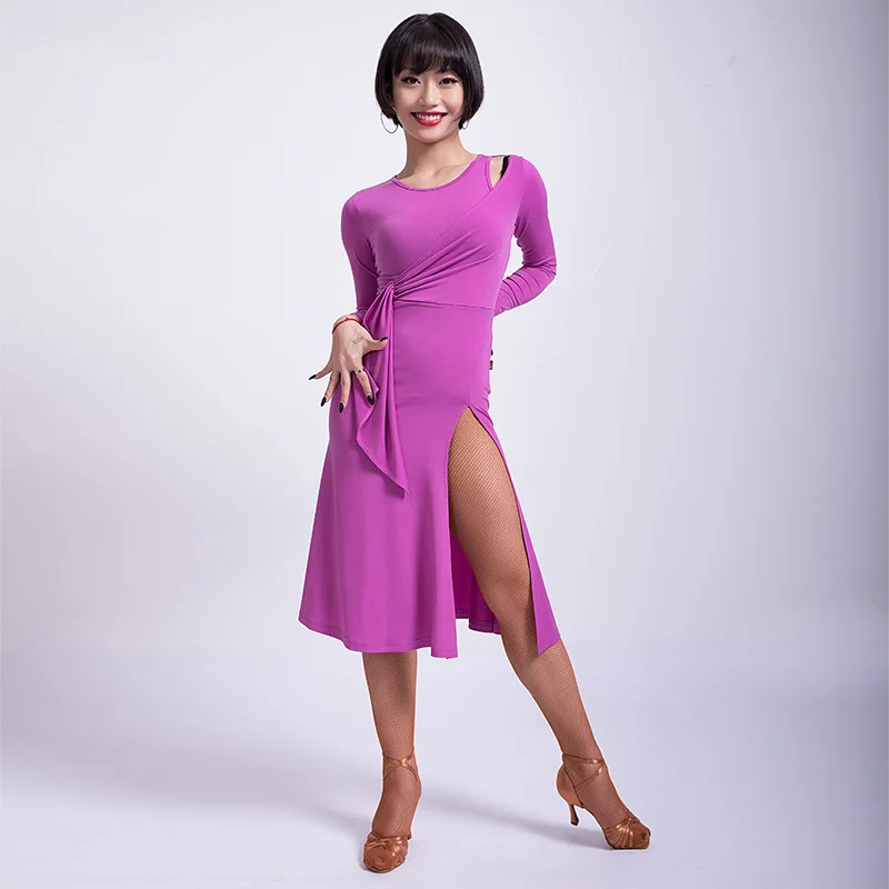 

Latin Dress Women Long Sleeve Sexy Split Skirt Adult Rumba Samba Salsa Cha Cha Dancing Clothes Latin Dance Practice Wear DN2657