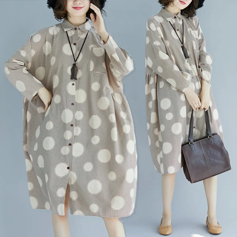 

BIG SIZE 4XL 2019 Spring Autumn Women Fashion Elegant Striped Dots Tops Ladies Female Plus Large Casual Long Cotton Blouse Dress