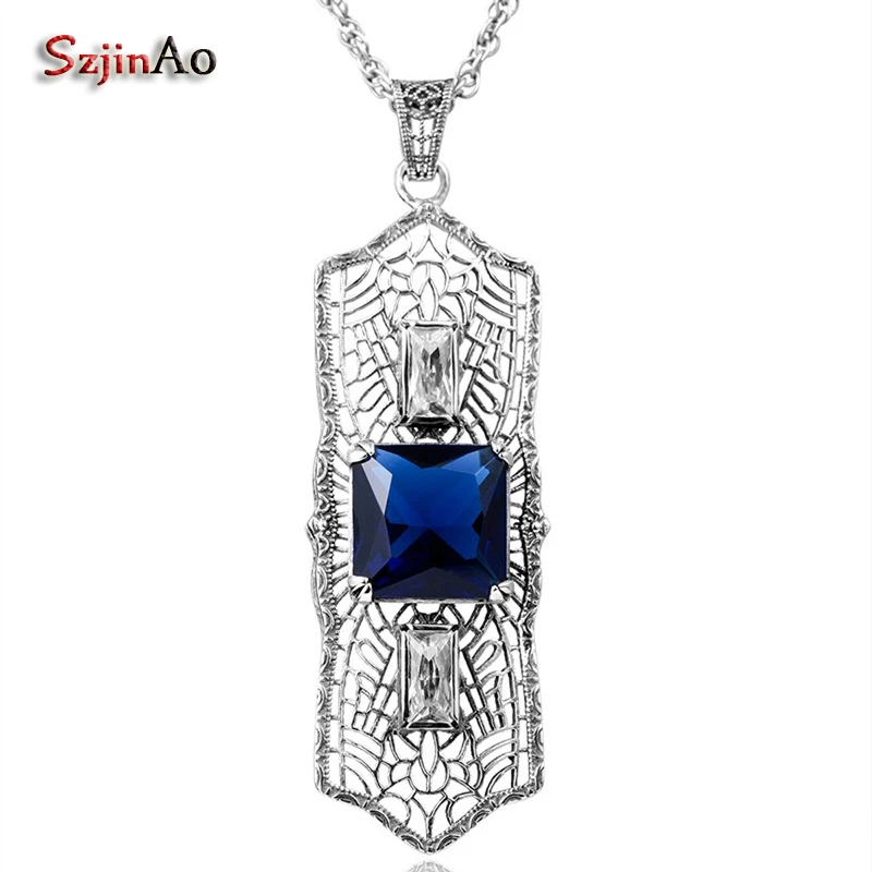 

Szjinao Vintage Sapphire Lace Long Pendant For Women Noel Suspension 925 Sterling Silver Jewelry Tribal Game of Throne