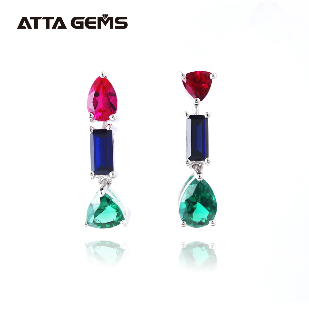 

Women's Sterling Silver Stud Earring Created Emerald Ruby Sapphire Silver Earring Special Design for Women Birthday Gifts