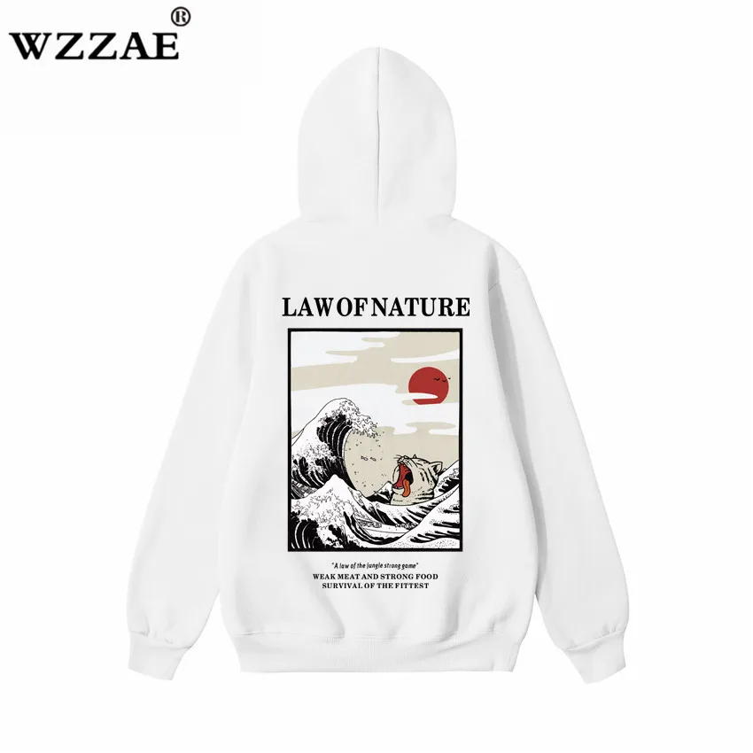 Ceny WZZAE japoński haft zabawny kot fala polar z nadrukami bluzy 2018 zima japonia styl Hip Hop bluzy w stylu casual Streetwear