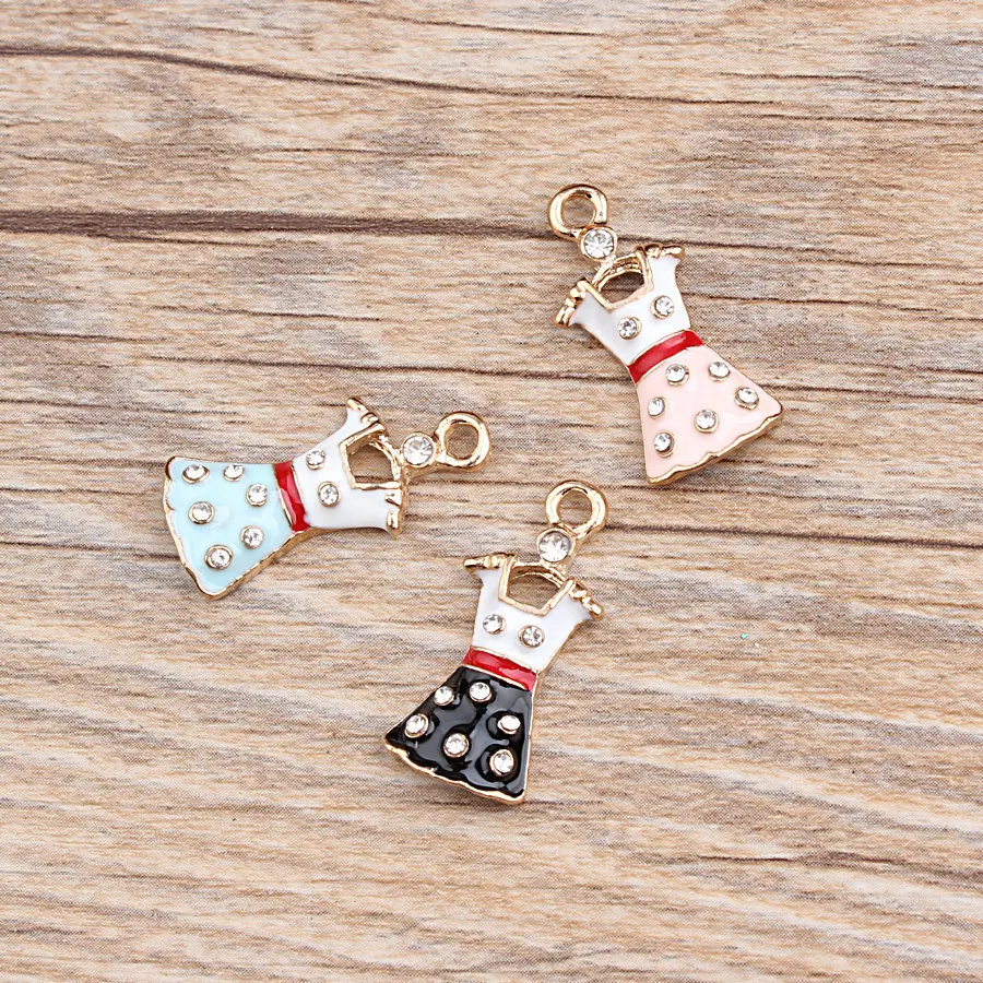 

Mini Order 10pcs 11*25MM Crystal Rhinestone Paved Enamel Alloy Jewelry Charms Gold Tone Plated Oil Drop Girls Beauty Dress Charm