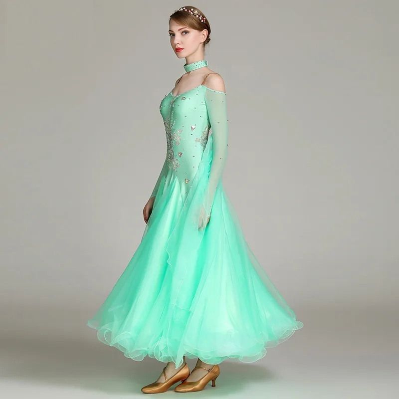 Зеленое платье для соревнований бальных танцев, одежда для бальных танцев, платье для вальса, костюмы румбы, бальное платье для танцев, фокстрот