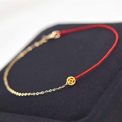 

18K Gold Half Chain Red Rope 24K Small Coin Wrist Circumference 13-20cm Can Be Customized Elegant Luxury Bracelet Female Gifts