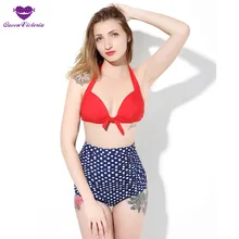 Ретро купальник с высокой талией, Женский комплект бикини, красный тонкий Пуш-Ап Топ, купальники в горошек размера плюс XXXL, винтажный костюм из двух предметов
