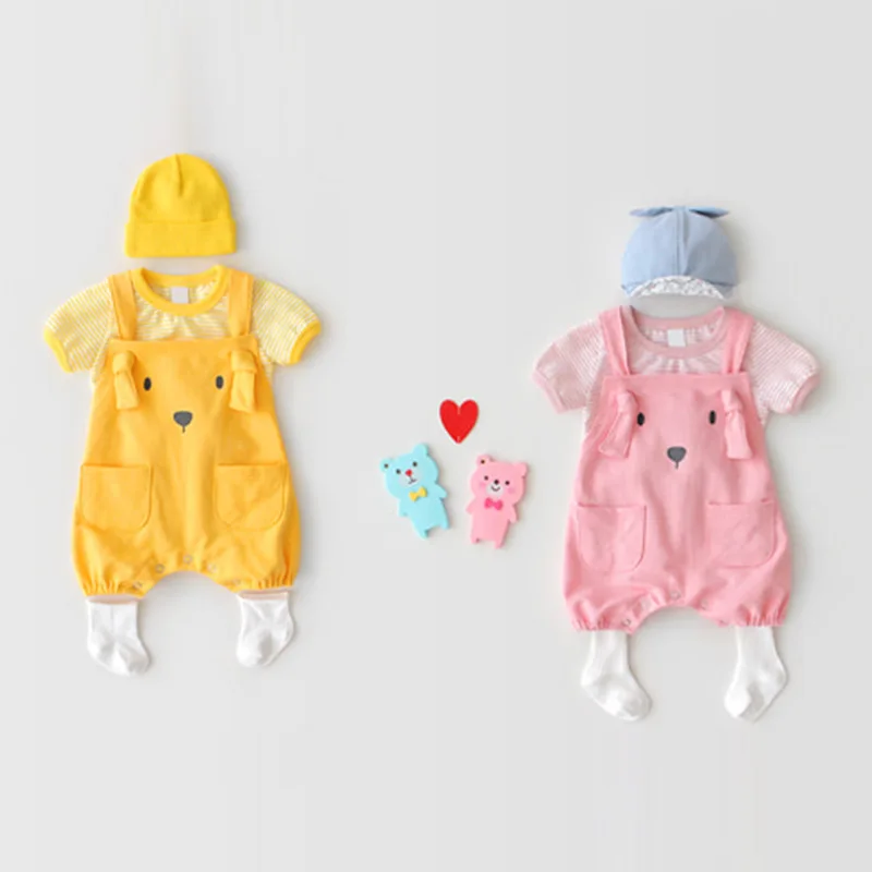 

1672 Summer Infants Boys And Girls Puppies Dogs Straps Overalls Baby Pants Stripes Short Sleeves Pure Cotton T 2019