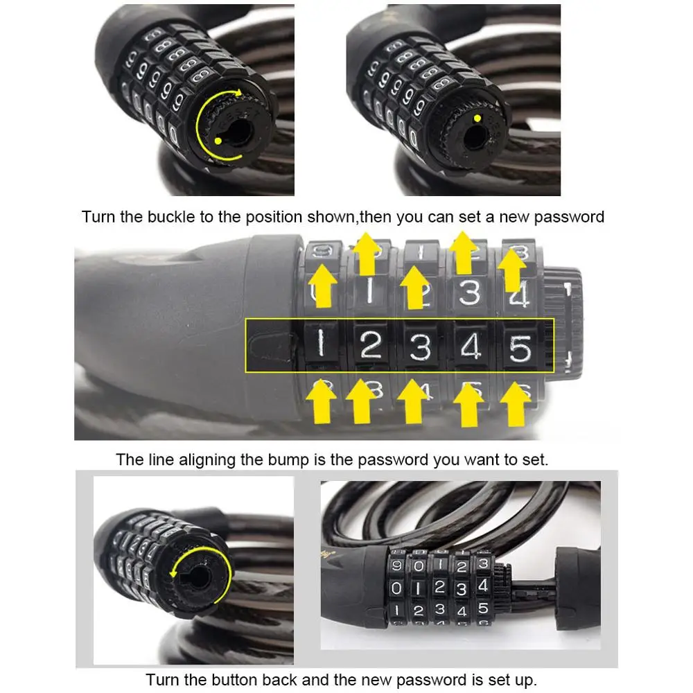 Bike Lock 5 Digit Code Combination Bicycle Security Lock 1200 mm x 12 mm Steel Cable Spiral Bike Cycling Bicycle Lock