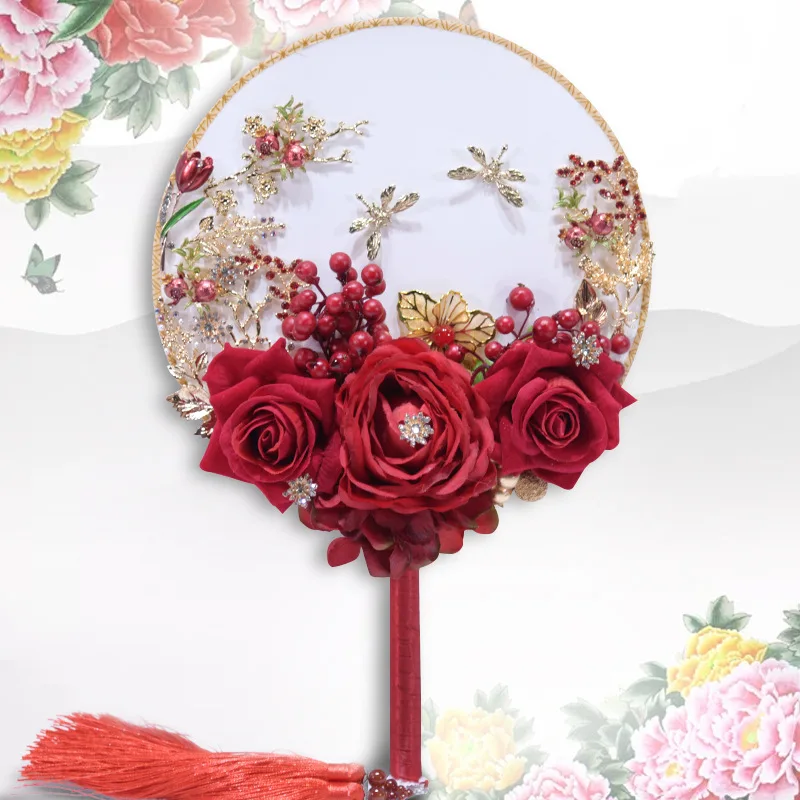 Свадебный букет невесты Роскошный Золотой невесты ручной поклонник китайский стиль красный веер с цветами древний чехол лицо круглые