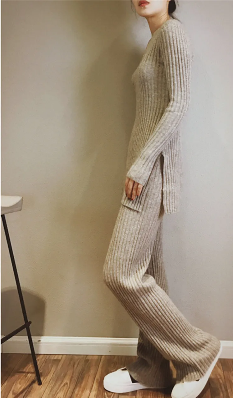 Козья кашемировая шерсть вязаный женский свитер Костюмы средней длины Vneck пуловер широкие брюки комплект Европейский размер S/M/L/XL Розничная по индивидуальному заказу