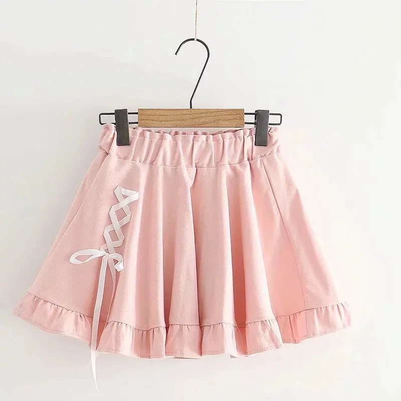 Милая юбка для девочек-подростков г. mori/Осенняя Милая Короткая розовая темно-синее кружево в японском стиле Харадзюку