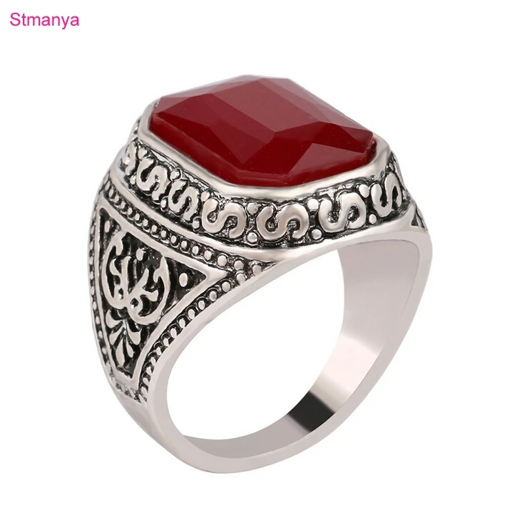 

Men Rings Big Black/Red Carved Stone Antique Silver Plated Ring For Women Retro Texture Engraved Wholesale Lover ring #20035