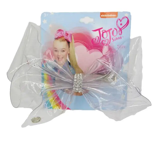 

8" Transparent Rainbow JoJo Bow With Clip Girls Rhinestone Bowknot Hair Bows Cute Pompom Holder For Kid Hair Accessories