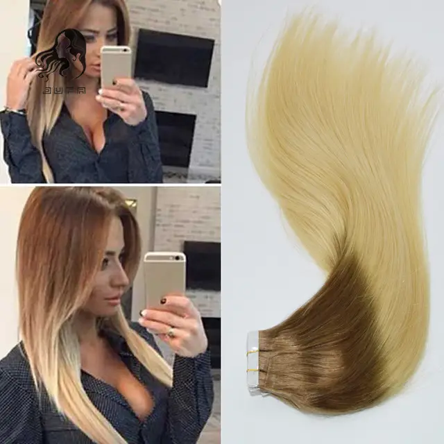 Ombre Remy Tape In Human Hair Extensions 20 40pcs Dark Bleach