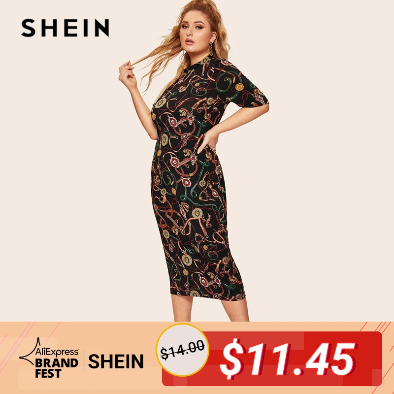 

SHEIN Plus Size Multicolor Mock Neck Chain Print Pencil Dress 2019 Spring Classy Elegant Stand Collar Short Sleeve Long Dresses
