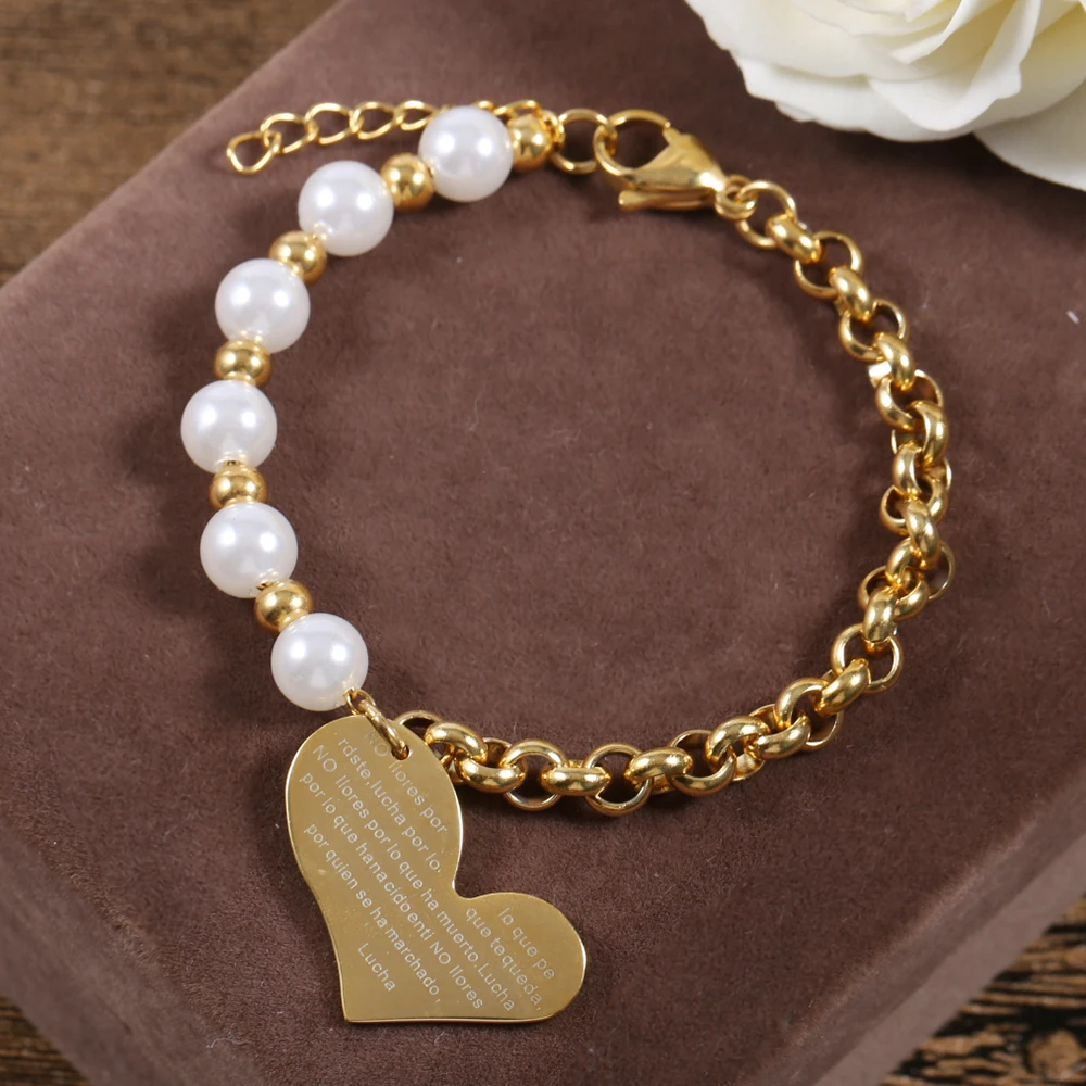 

TL Stainless Steel Charm Bracelets Shell Pearl Beads Gold Chain Big Crooked Heart Love Bracelet For Women Fashion Party Jewelry