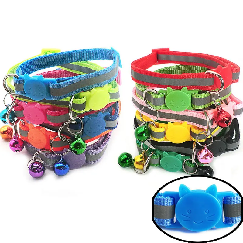 

Wholesale 100Pcs Adjustable Reflective Dog Collars With Bell Buckle Easy Wear Puppy Dog Cat Collar Accessories Pet Supplies