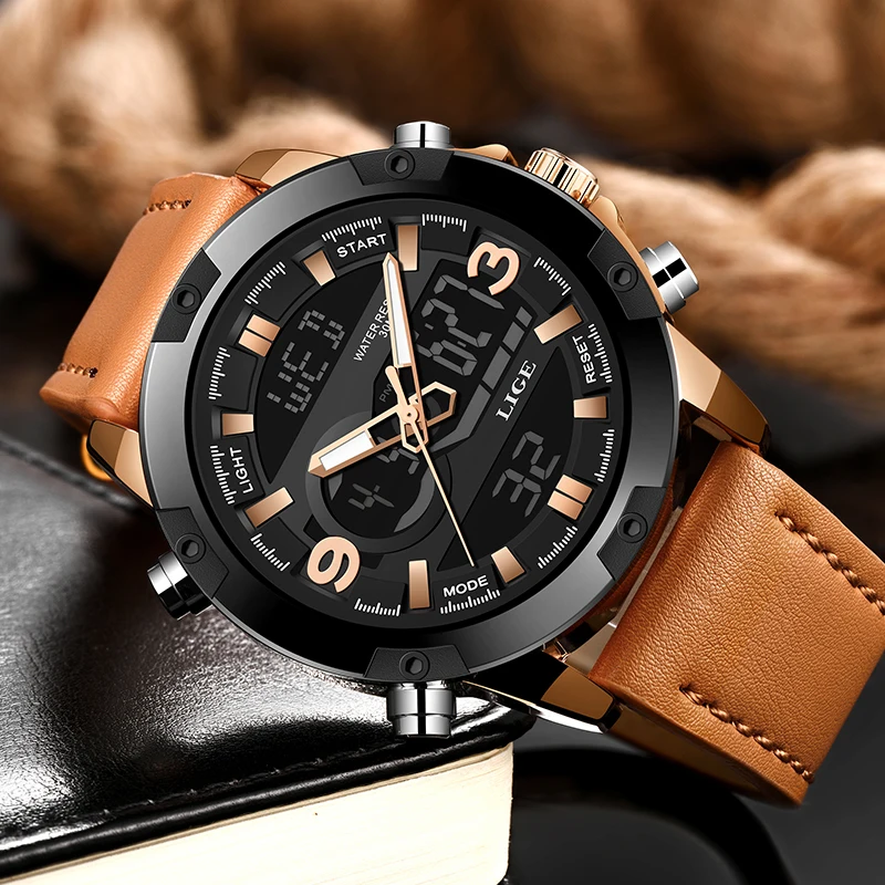 2019LIGE New Men Fashion Sport Watch Men Leather Waterproof Quartz Watches Male Military Date LED A