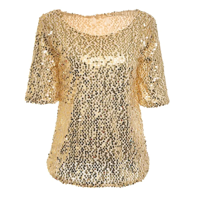 Fashion 2018 Hot Sequin Glitter Blouse Women Gold Sexy Tops Plus Size