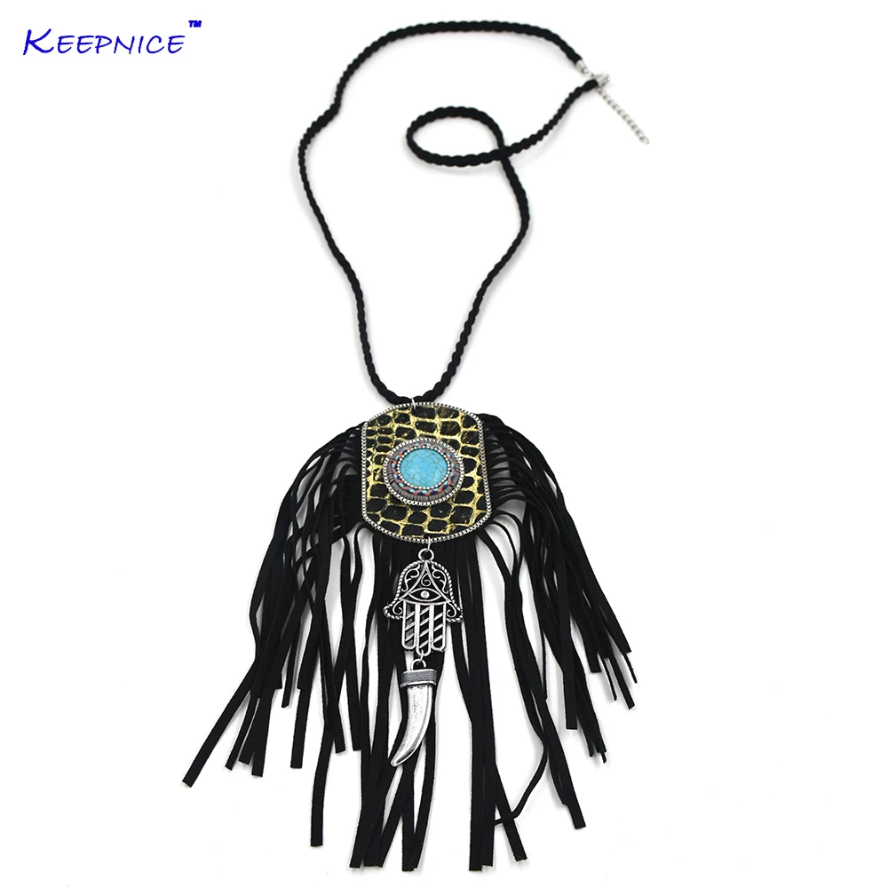 

Ethnic Tibet antique Silver Hamsa hands pendant necklace leather Tassel long fringe pendants Necklace