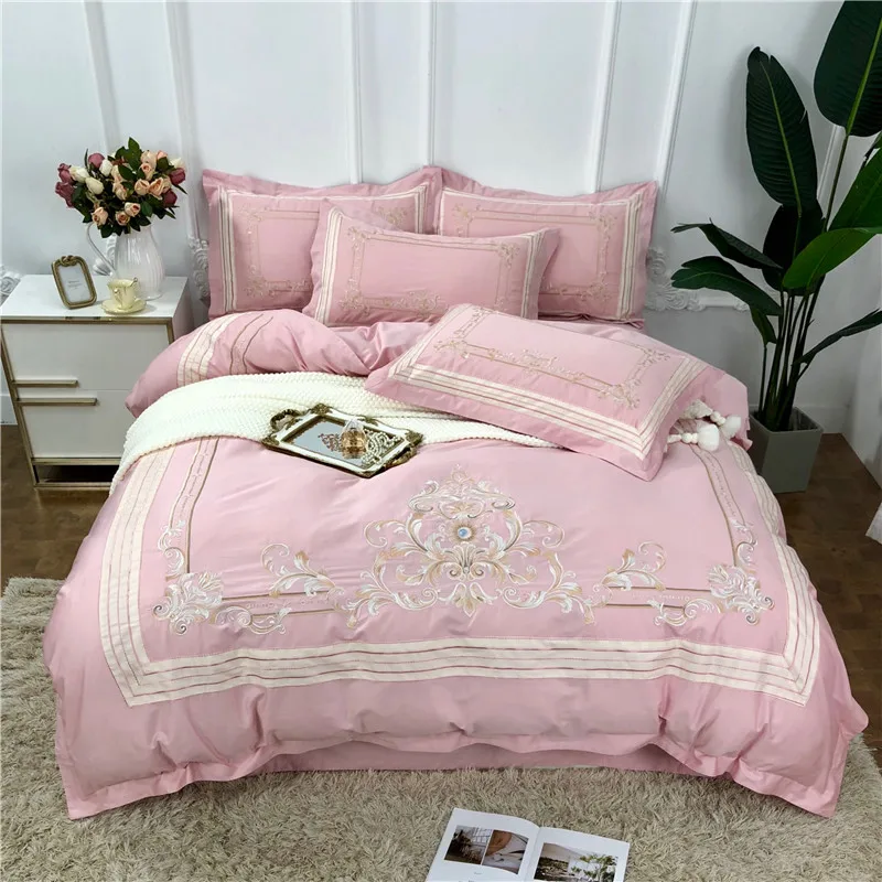 

Pink Blue Luxury Royal Embroidery 60S Egyptian cotton Queen King Size 4pcs Bedding Set Duvet Cover Bed Sheet/Linen Pillowcases