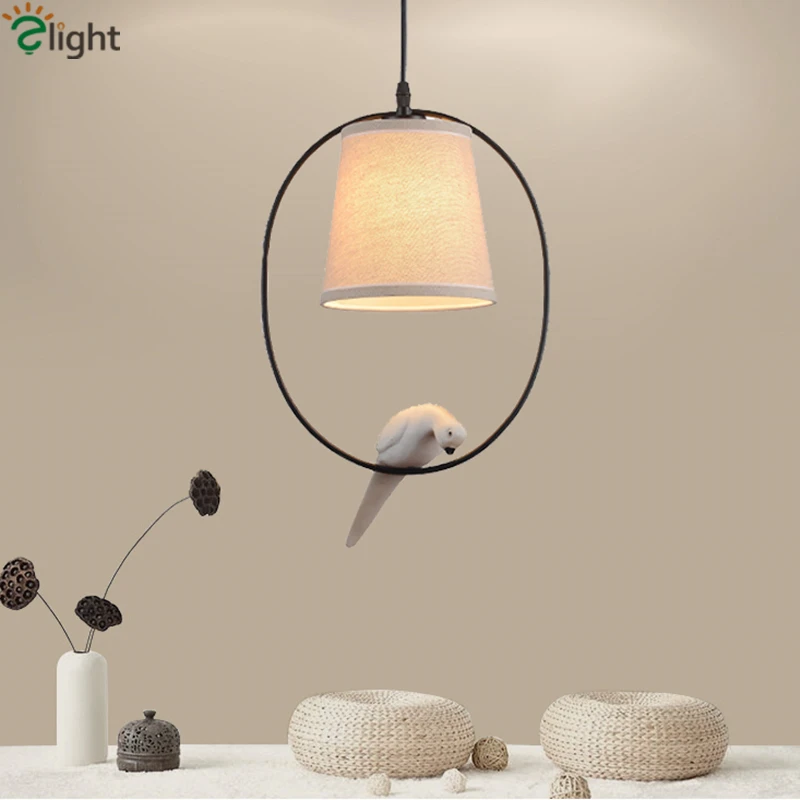 

Nordic 3D Resin Bird Led Pendant Light Linen Fabric Shades Europe Minimalism Suspended Lamp For Dining Room Bedroom