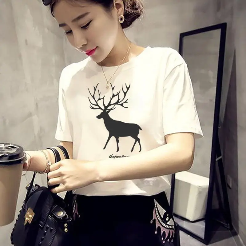 

Spring and Summer New Loose Leisure Deer T-shirt Women's Short-sleeved Korean Doubled Collar