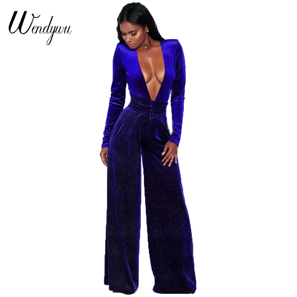 ML20309 Jumpsuit WENDYWU/ модные, пикантные вечерние глубокий v-образным вырезом с длинным рукавом однотонные красные широкую ногу длинный комбинезон - Цвет: ML20309 Jumpsuit