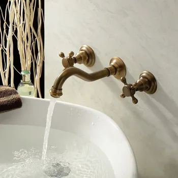 

Basin Faucets Wall Mounted Antique Brass Bathroom Sink Basin Mixer Tap Faucet 3 Pcs Black Faucet Dual Handle Sink Mixer Taps