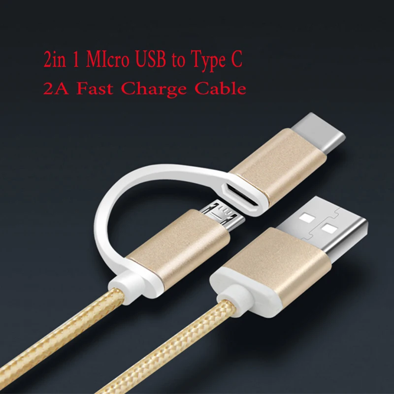 

2 in 1 2in1 2A Fast Charge Cable Micro USB + Type C Cable Braided Cord For HUAWEI Mate 7 8 S/P7/P8 Lite/P9 Lite/P10/P20/Honor 8