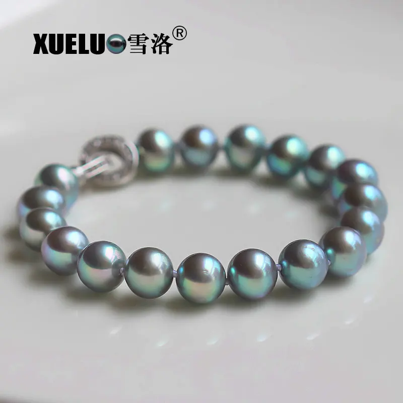 

XUELUO 9-10mm Classic Silver Gray Genuine Natural Cultured Near Round Freshwater Pearl Bracelet