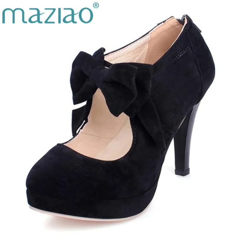 

MAZIAO Plus size 32-43 fashion vintage woman small bowtie platform pumps ladies sexy high heels shoes for women wedding shoes