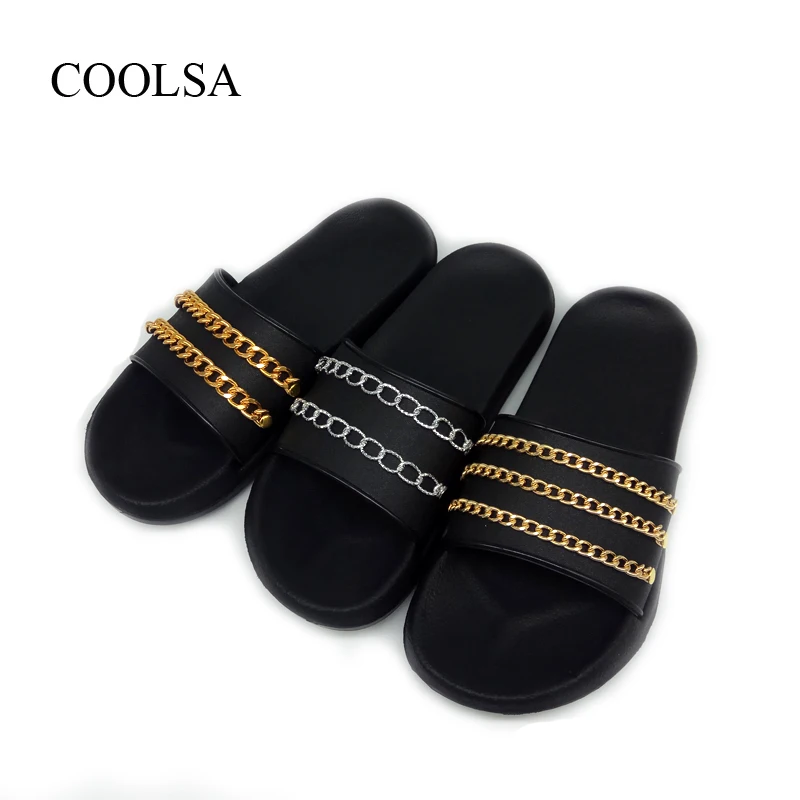 COOLSA Женская Bling металлической цепью пляжные сланцы пара дома блестящие туфли с декоративной цепочкой дизайнер качество отпуск направляющие