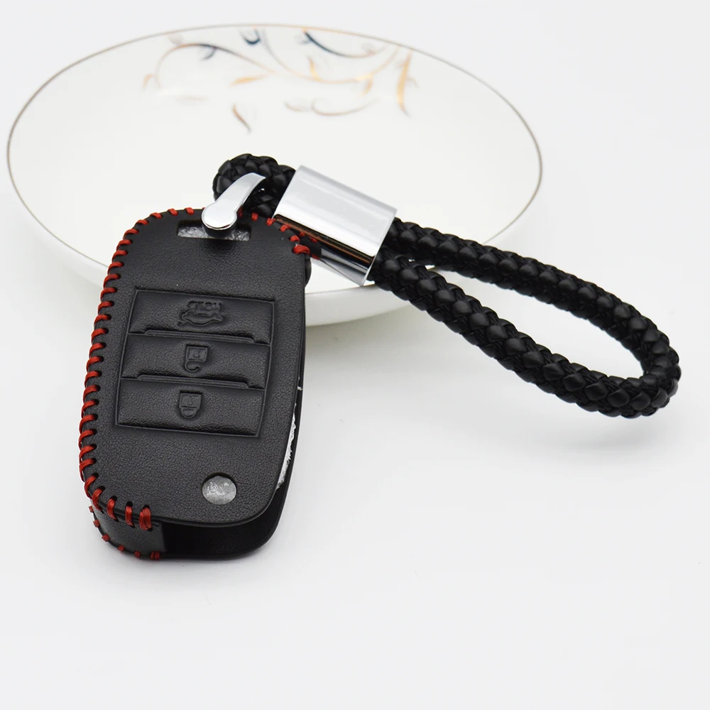 

2018 Genuine Leather Car Key Case Cover Holder for Kia Rio 3 K2 2017 Ceed Sportage Soul Cerato Braid Woven Rope Keychain Holder
