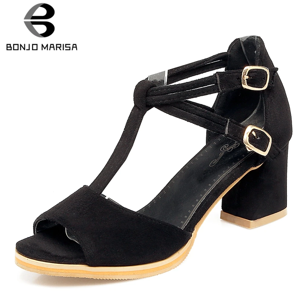 

BONJOMARISA New Concise Flock t-strap Sandals Women 2019 Summer Large Size 32-43 Elegant Women High Heels Shoes Woman