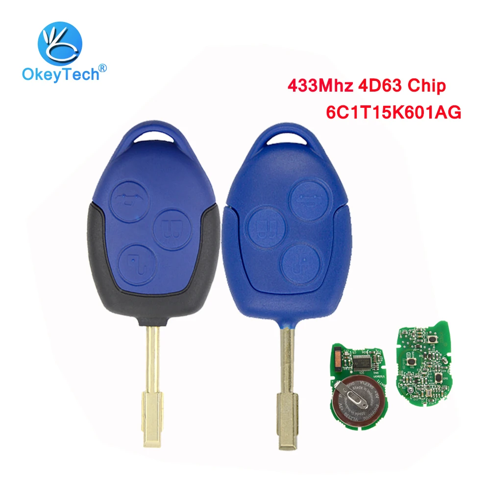 

OkeyTech 3 Button 433mhz 4D63 Chip 6C1T15K601AG FO21 Blade Remote Key Car for Ford Transit WM VM 2006-2014 Connect Set Blue Case