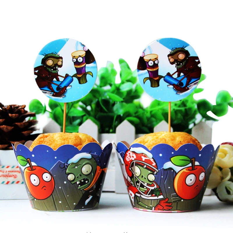 

24pc/set Plants Vs.Zombies Paper Cupcake Wrappers and Toppers for Kids Birthday Party Decor Cakecup Picks Toppers Baby Shower