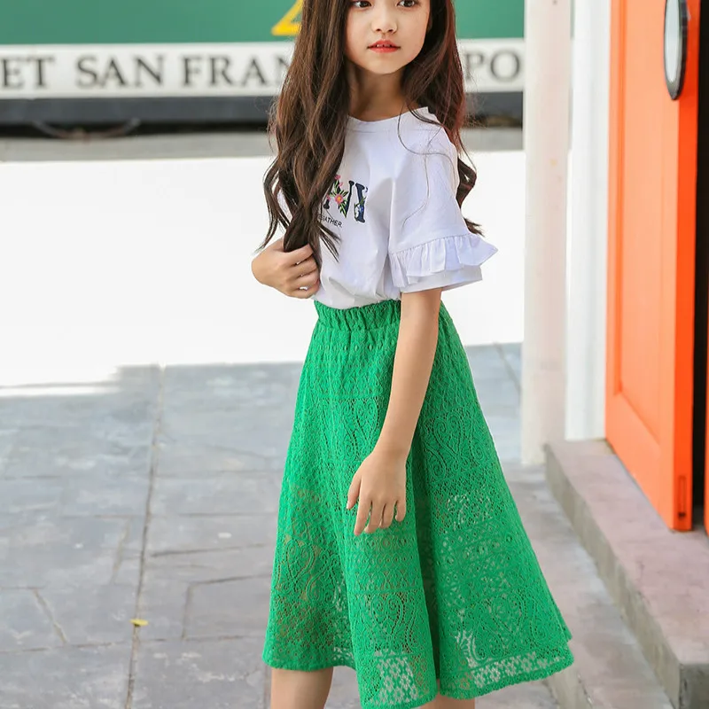 

Girls Set 2018 New Summer Children Clothing Teens Kids Clothes Short Sleeved Letter Print T Shirt + Lace Skirts 2Pcs Sets CC716